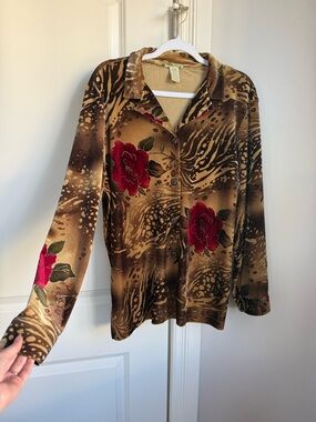 Islander Brown Button-Down Top with Red Floral Accents